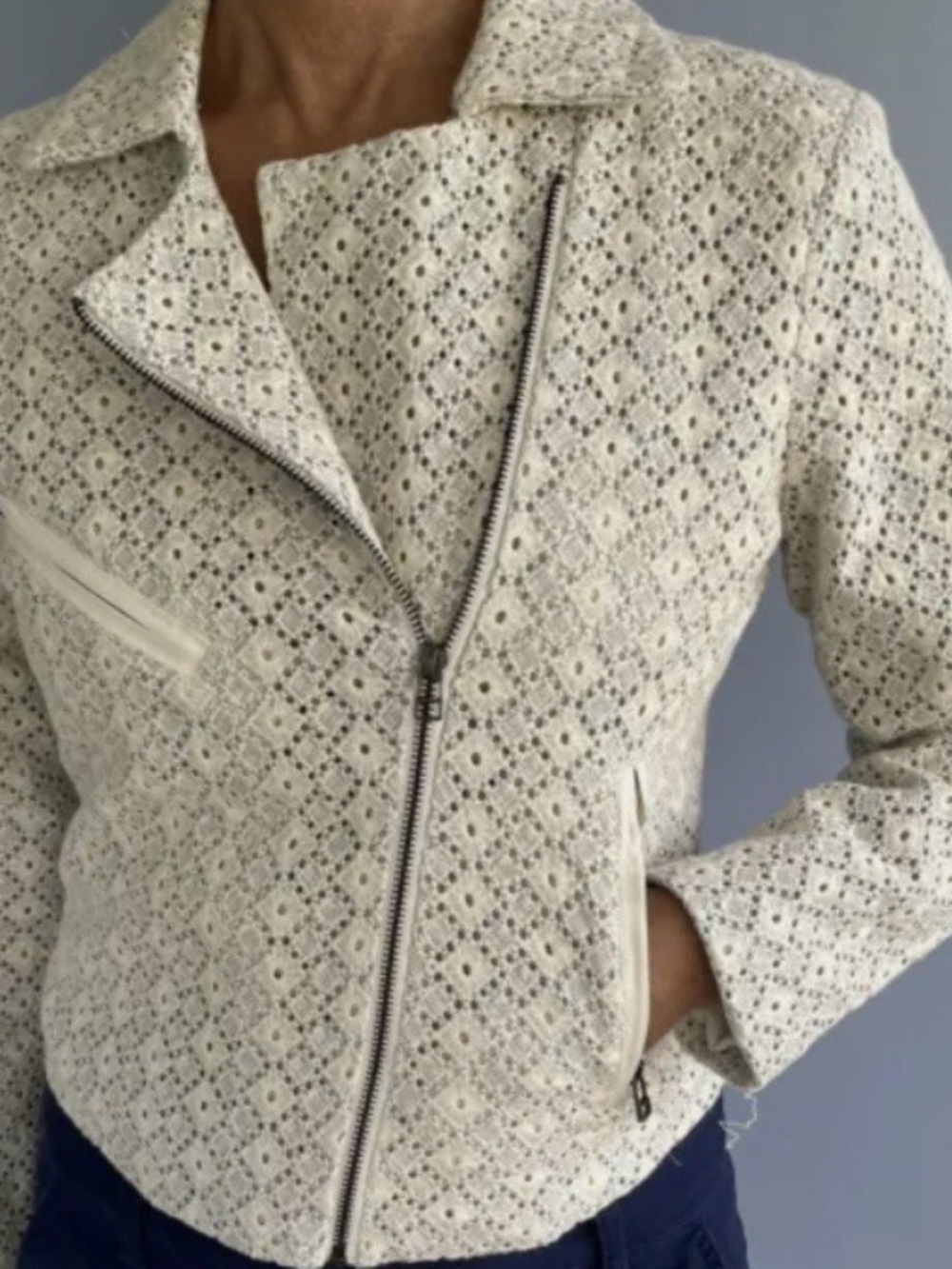 dolan White Lace-Texture Asymmetric Moto Jacket
